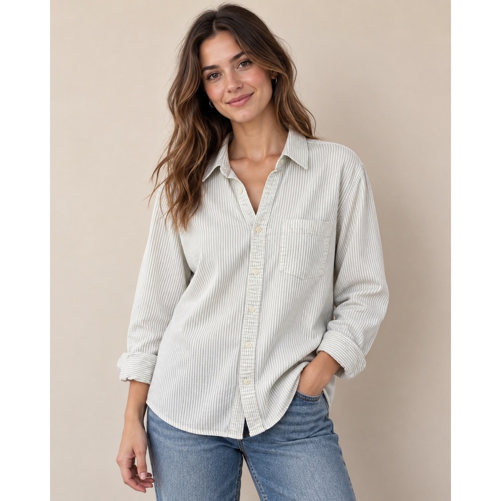 Brandy Melville Stephanie Button Down Women OS Gray White Striped Cotton Shirt